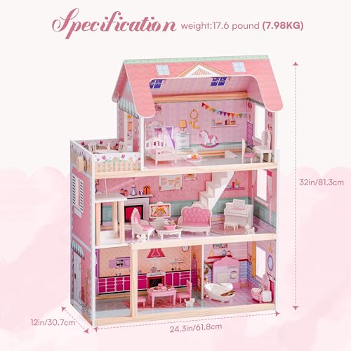 Wooden Dollhouse Playset with 24 Pcs Furniture W360550