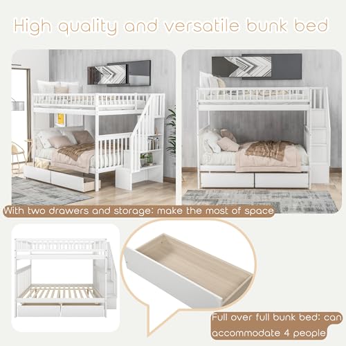 White Full Over Full Wood Bunk Bed with Trundle and Stairs F34548
