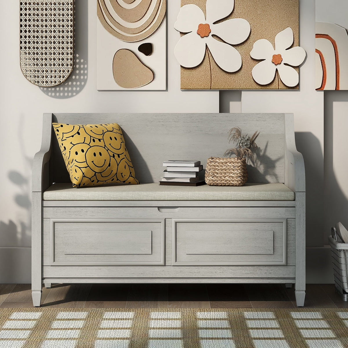 Solid Wood Storage Bench with Removable Cushion K840880