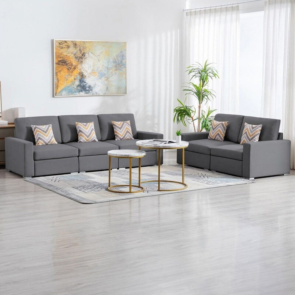 Grey Linen Fabric Sofa and Loveseat Set with Pillows K711709