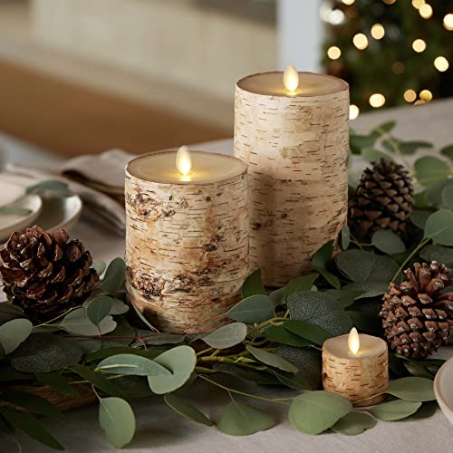 Flameless Candle Pillar with Real Birch Bark Moving Flame LED Battery Operated Lights Unscented (3.5 x 4.5-inch) L6961
