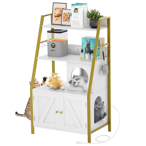 Gold White Wooden Cat Litter Box Enclosure with Shelves N4096
