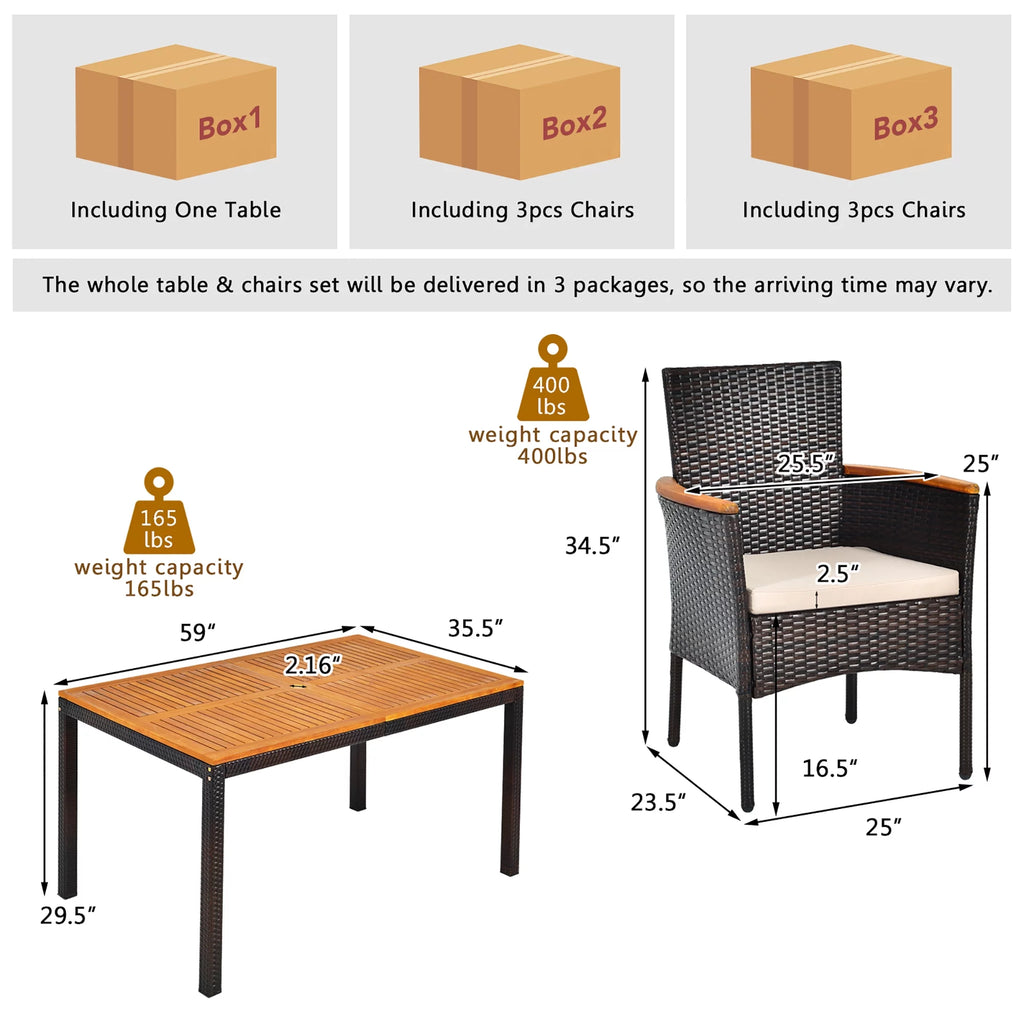 7 Pc Patio Rattan Dining Set Cushioned Chair Wooden Tabletop P412