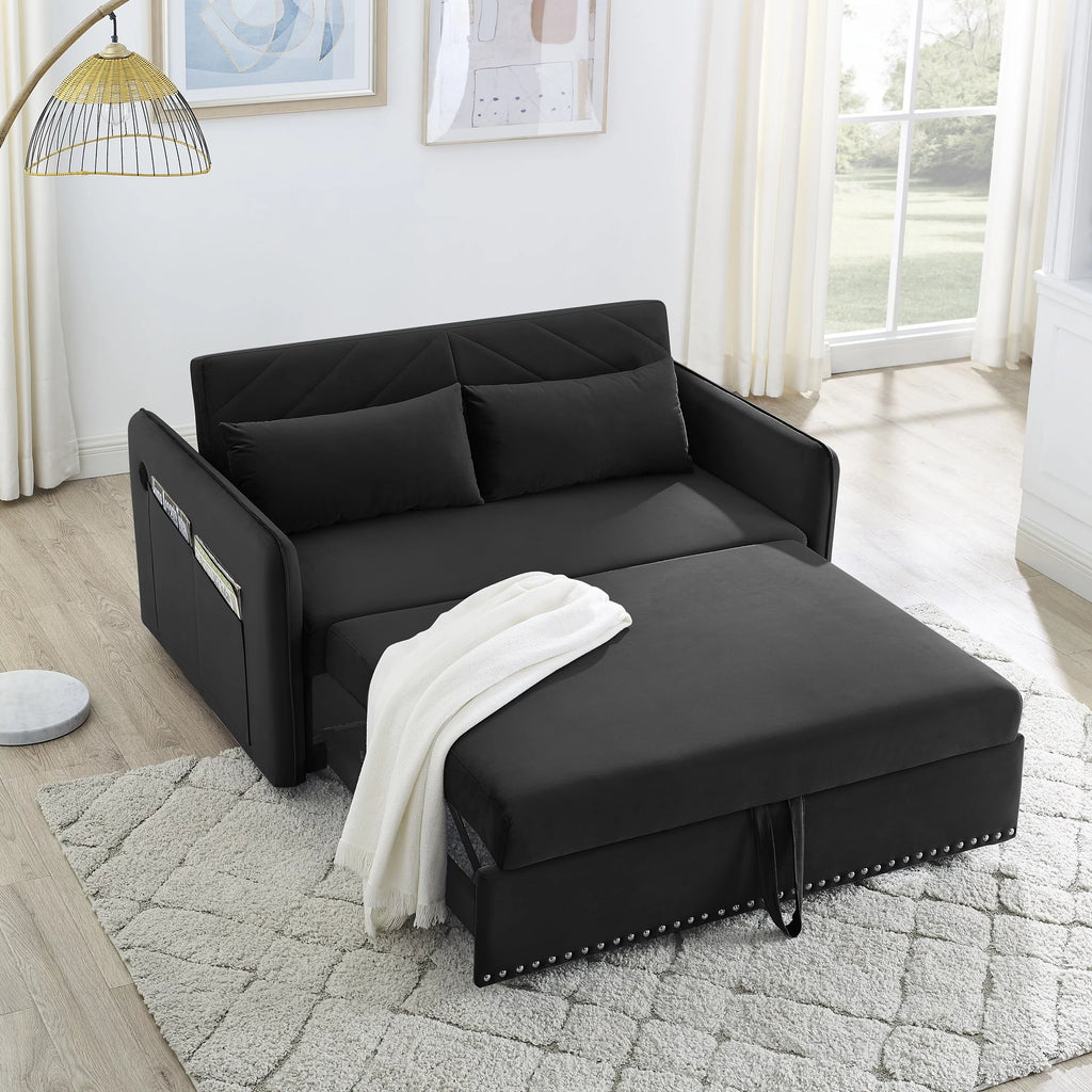 Black Velvet 3 in 1 Sleeper Sofa Couch Bed with 2 USB Ports L86773
