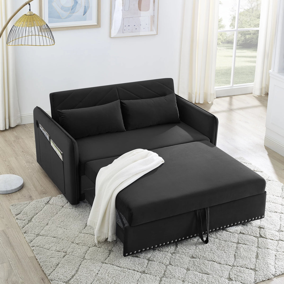 Black Velvet 3 in 1 Sleeper Sofa Couch Bed with 2 USB Ports L86773