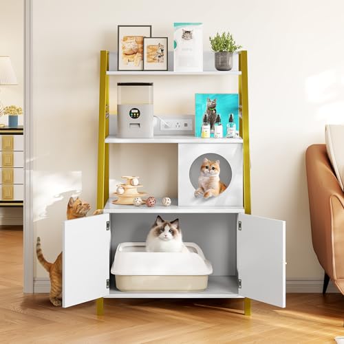 Gold White Wooden Cat Litter Box Enclosure with Shelves N4096