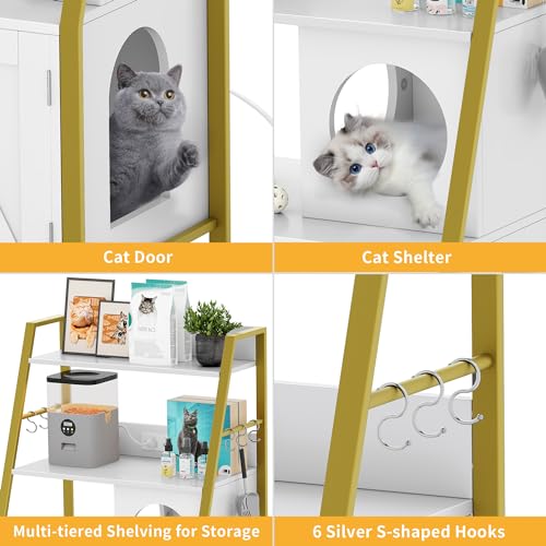 Gold White Wooden Cat Litter Box Enclosure with Shelves N4096