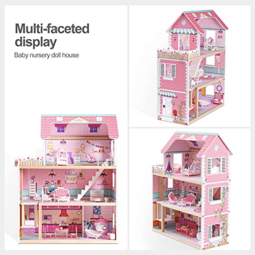 Wooden Dollhouse Playset with 24 Pcs Furniture W360550