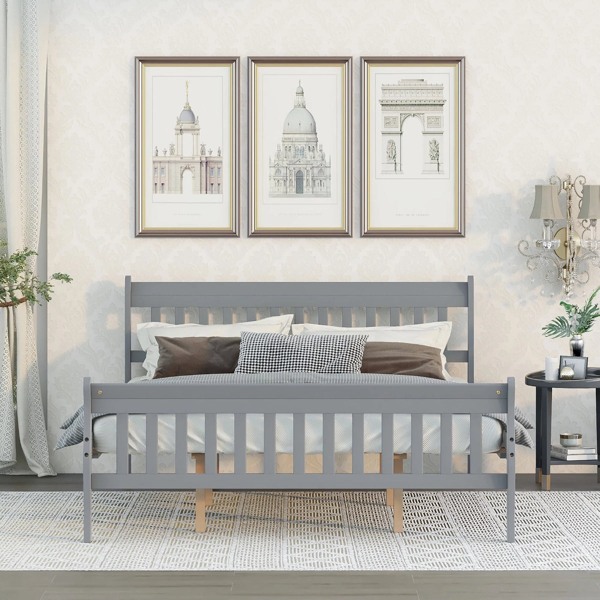 Queen Size Gray Wood Platform Bed Frame with Headboard D482899