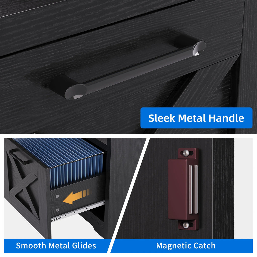 Black L-Shaped Desk with Power Outlet and File Cabinets E418012