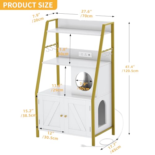 Gold White Wooden Cat Litter Box Enclosure with Shelves N4096