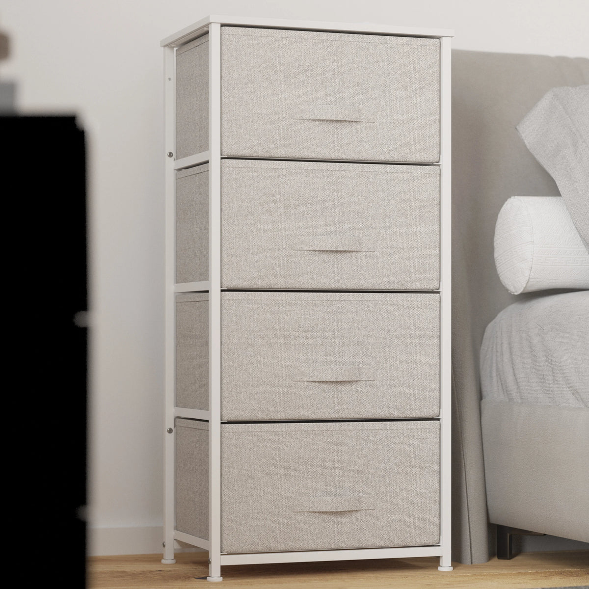 White Metal Frame 4 Gray Fabric Drawers Dresser U658