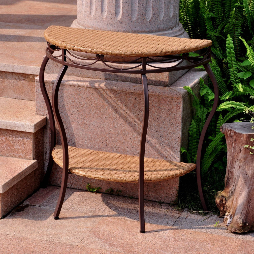 Antique Brown Resin Wicker/Steel Two Tier Half Moon Wall Table N7643