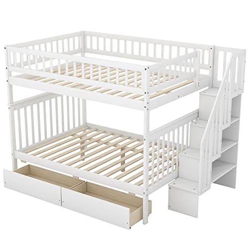 White Full Over Full Wood Bunk Bed with Trundle and Stairs F34548