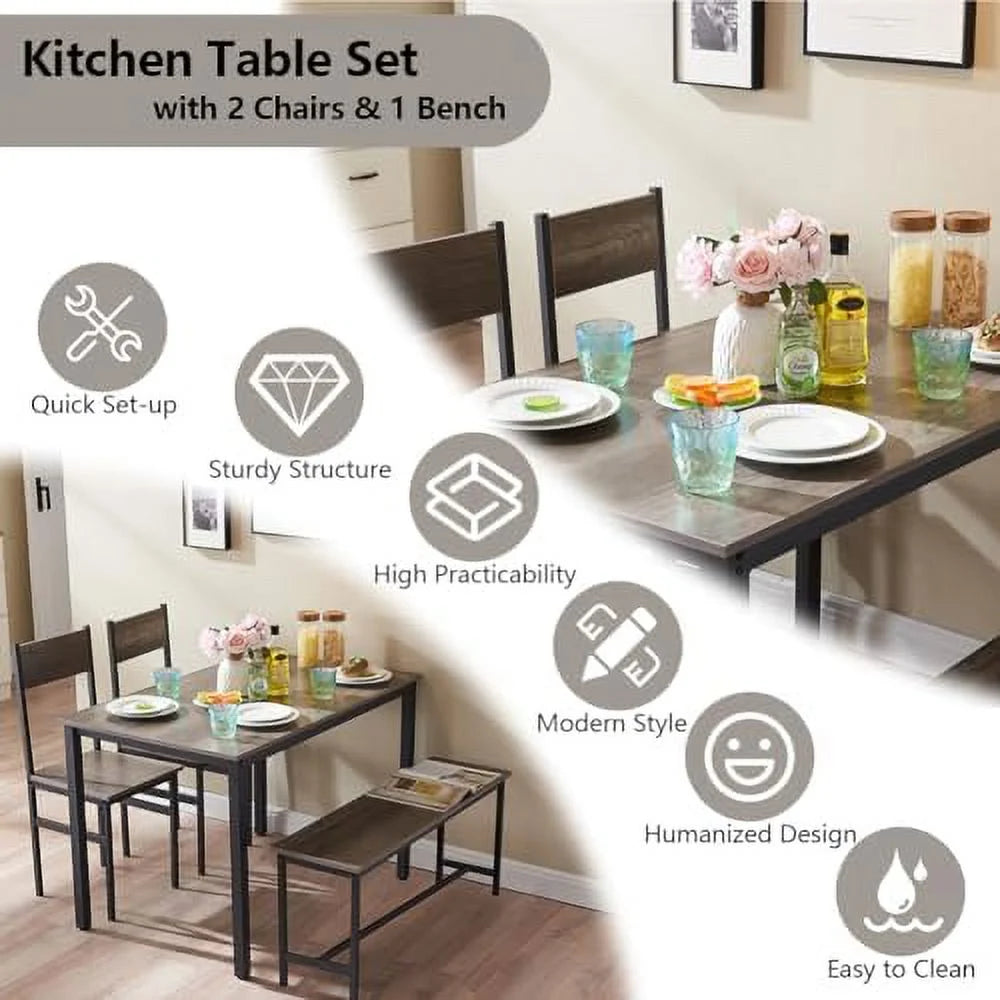 Dining Room Table Set with 2 Chairs and Bench Metal Frame Wood T6962