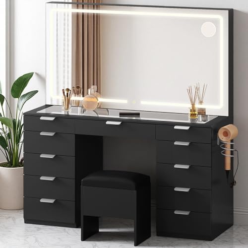 White Vanity Desk Set with LED Mirror and 11 Drawers H185