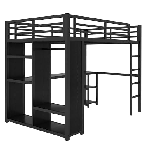 Queen Size Black Metal Loft Bed with Wardrobe and Desk N524