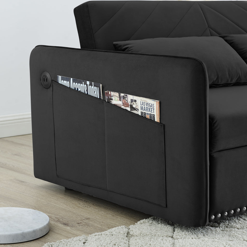 Black Velvet 3 in 1 Sleeper Sofa Couch Bed with 2 USB Ports L86773