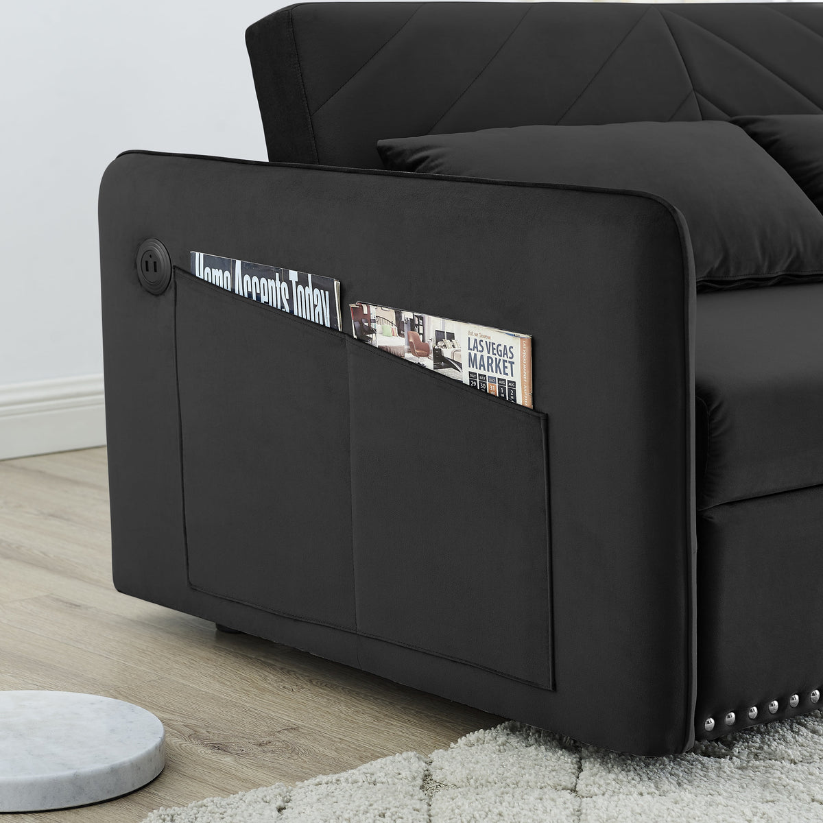 Black Velvet 3 in 1 Sleeper Sofa Couch Bed with 2 USB Ports L86773