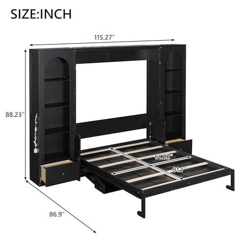 Queen Size Murphy Bed with Sofa, Shelves, USB & Light, Wall Bed and Tall Cabinet with Glass Doors & Wine Rack, White D2996