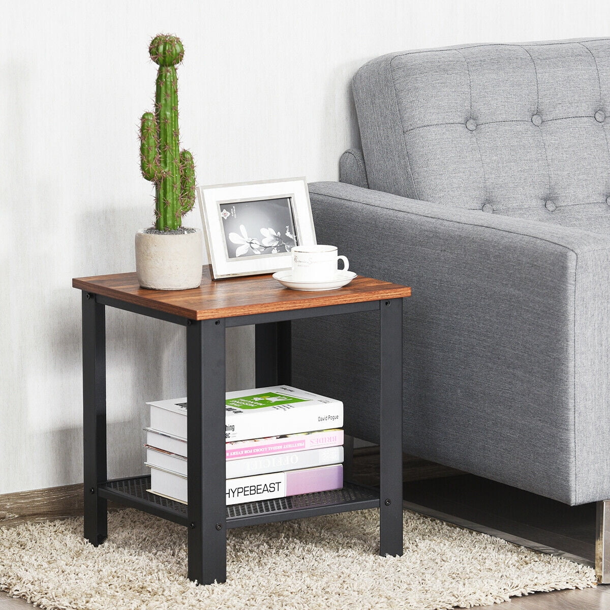 Black 2-Tier Side Table with Storage Shelf V7766