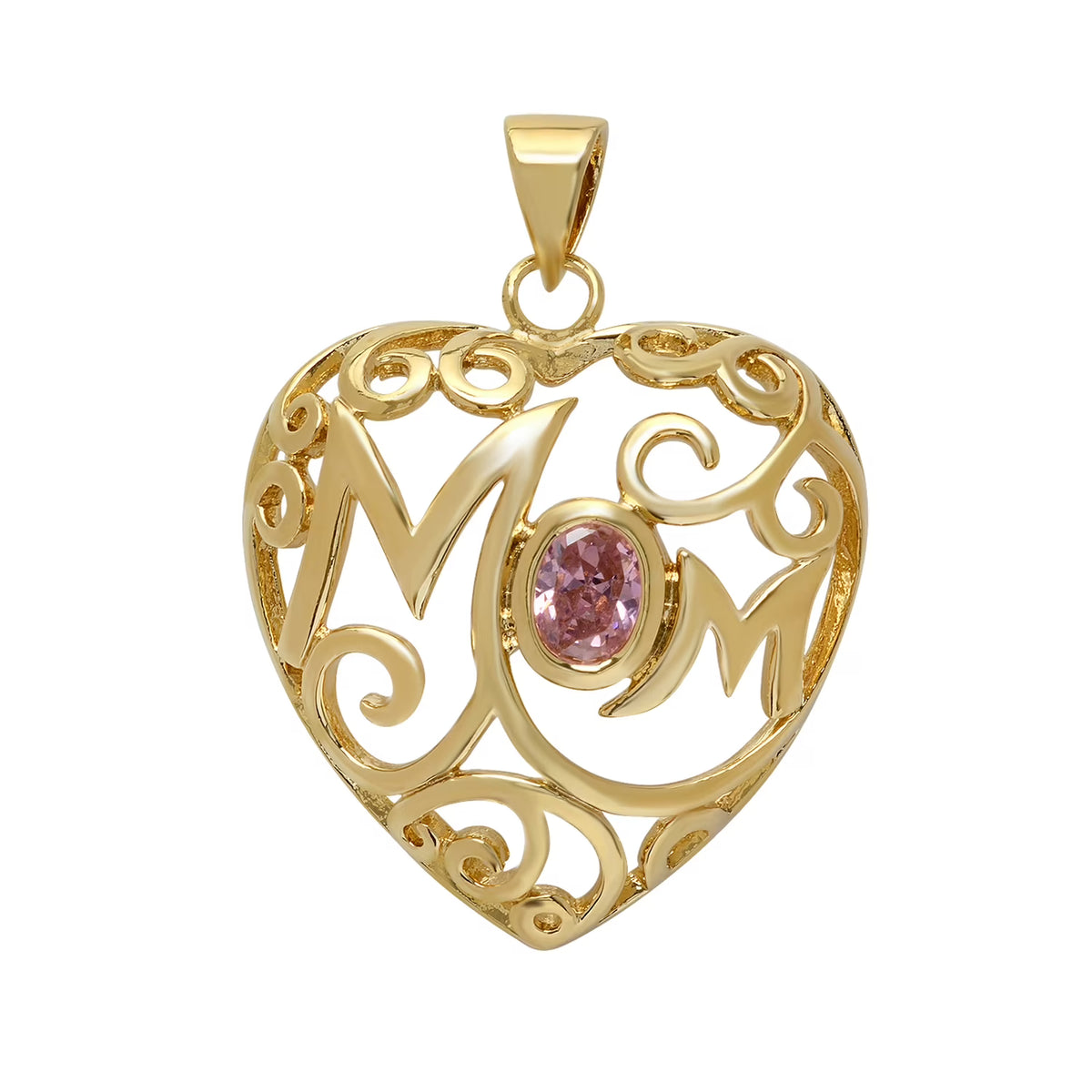 Gold Plated Open Scrolled Heart Pendant with Pink Oval CZ K356
