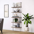 Walnut 5-Shelf Wood Ladder Bookcase with Metal Frame N785460