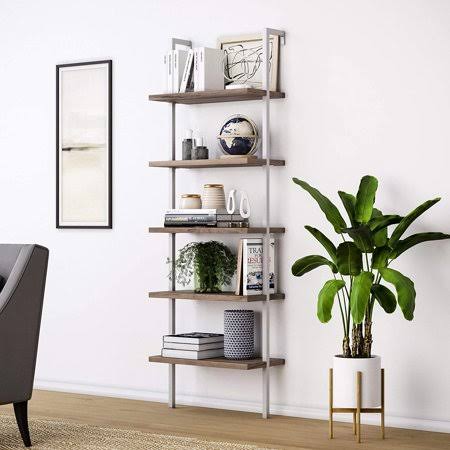 Walnut 5-Shelf Wood Ladder Bookcase with Metal Frame N785460