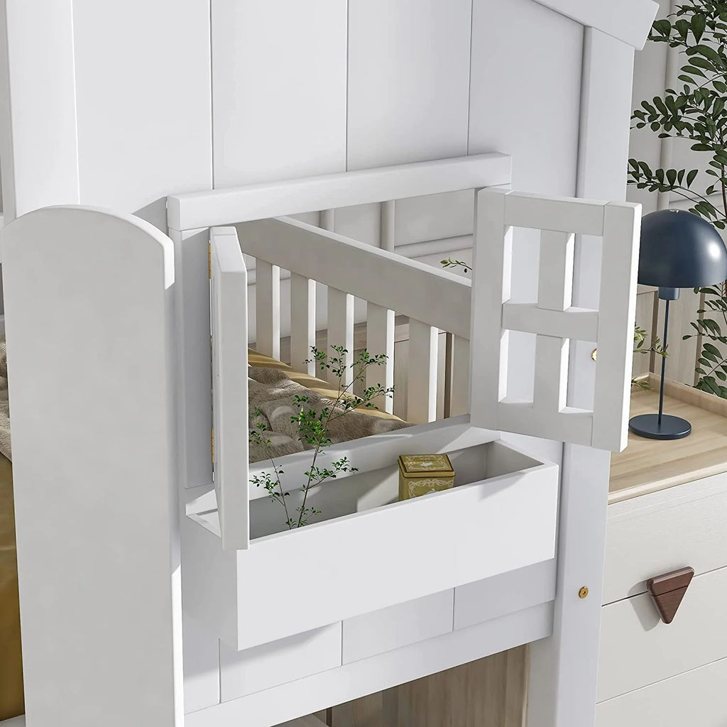 White Wood Frame Kids Bed with Roof and Safety Guardrails Q675