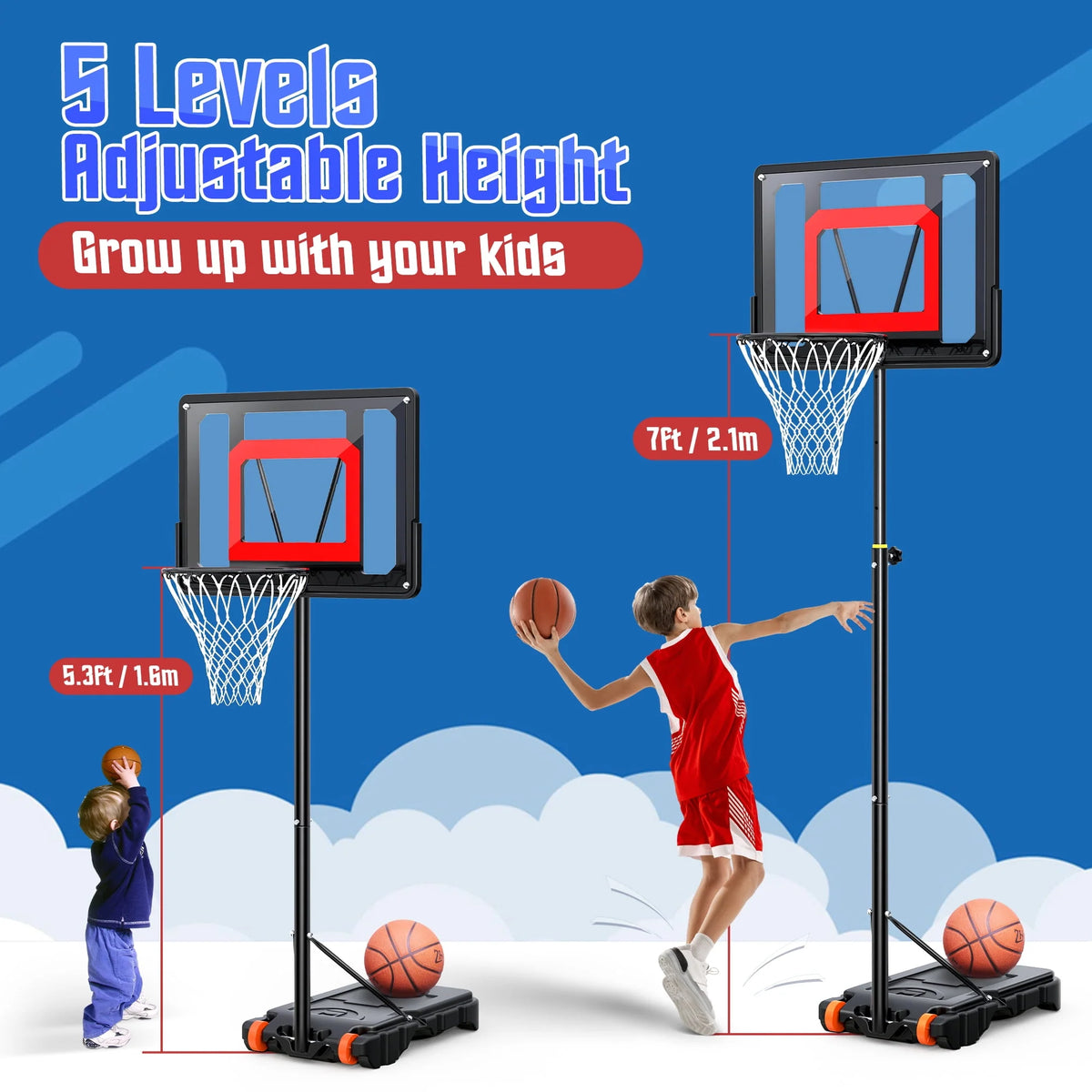 Adjustable Portable Basketball Hoop with 33 Shatterproof Backboard R395