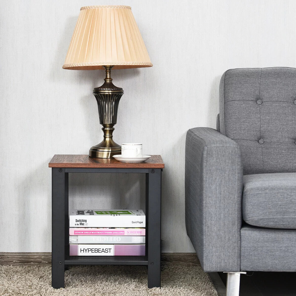 Black 2-Tier Side Table with Storage Shelf V7766