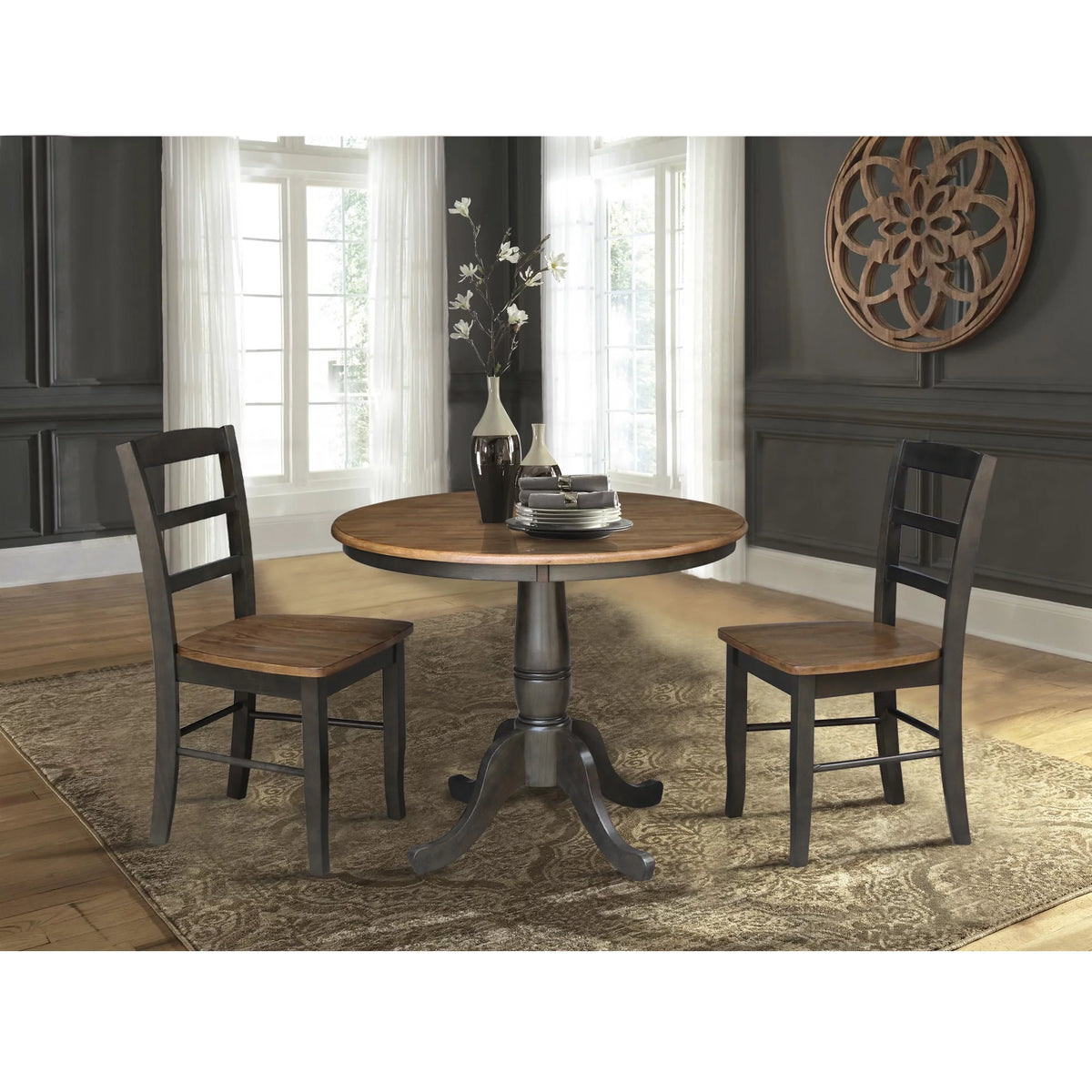 3-piece Solid Wood Dining Set with Round Pedestal Table and 2 Ladder Back Chairs X147658