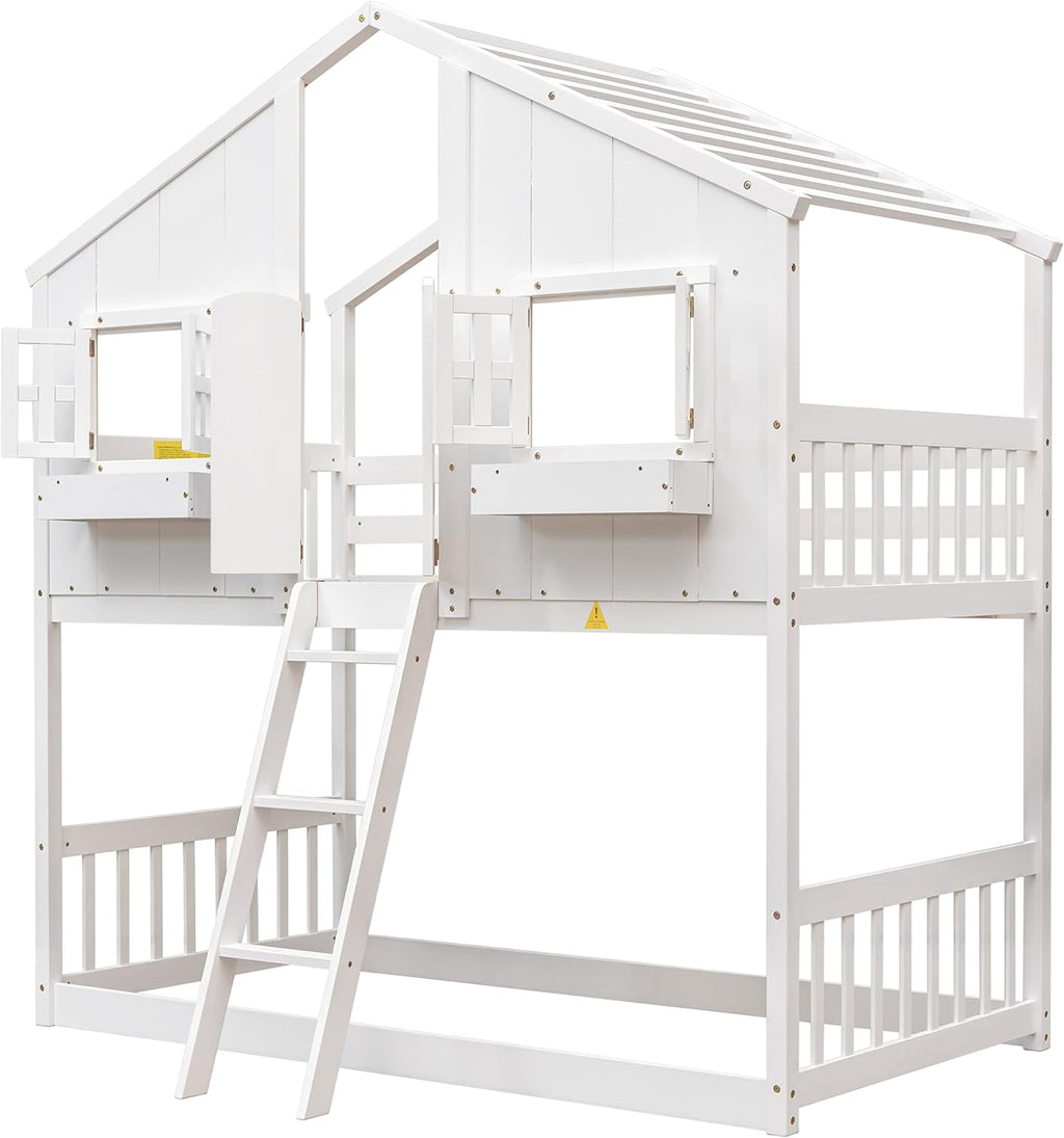 White Wood Frame Kids Bed with Roof and Safety Guardrails Q675