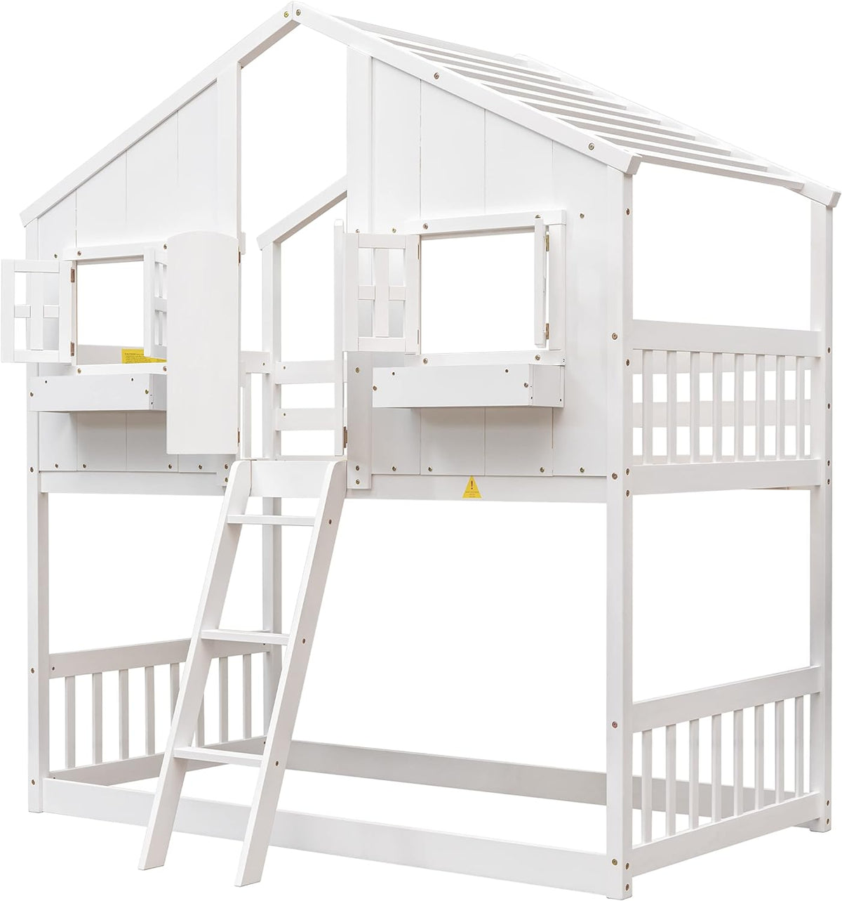 White Wood Frame Kids Bed with Roof and Safety Guardrails Q675