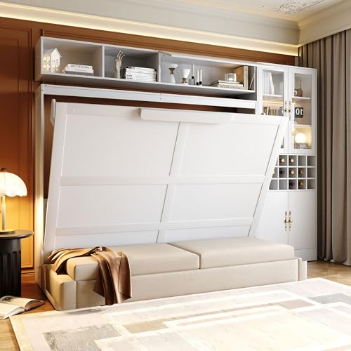 Queen Size Murphy Bed with Sofa, Shelves, USB & Light, Wall Bed and Tall Cabinet with Glass Doors & Wine Rack, White D2996
