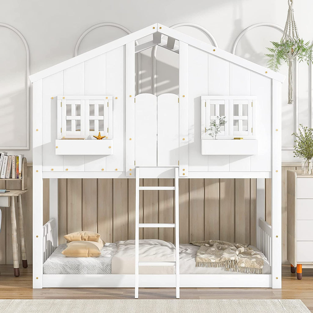 White Wood Frame Kids Bed with Roof and Safety Guardrails Q675