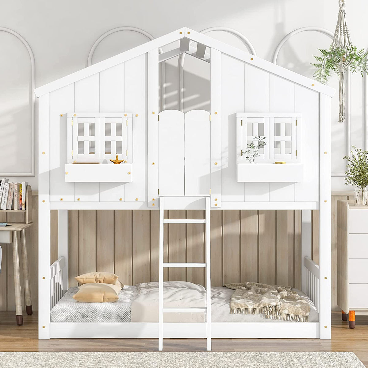 White Wood Frame Kids Bed with Roof and Safety Guardrails Q675