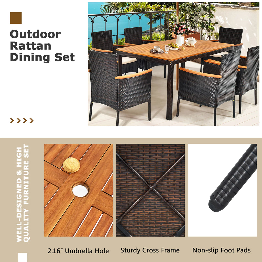 7 Pc Patio Rattan Dining Set Cushioned Chair Wooden Tabletop P412