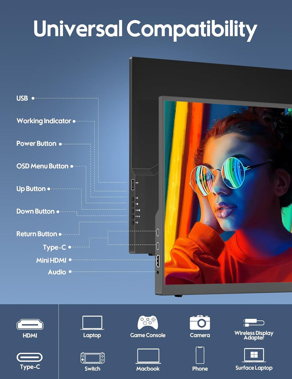 18.5 inch 100Hz Portable Monitor 1080P FHD IPS HDR Gaming Display I3942