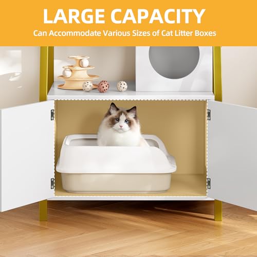 Gold White Wooden Cat Litter Box Enclosure with Shelves N4096