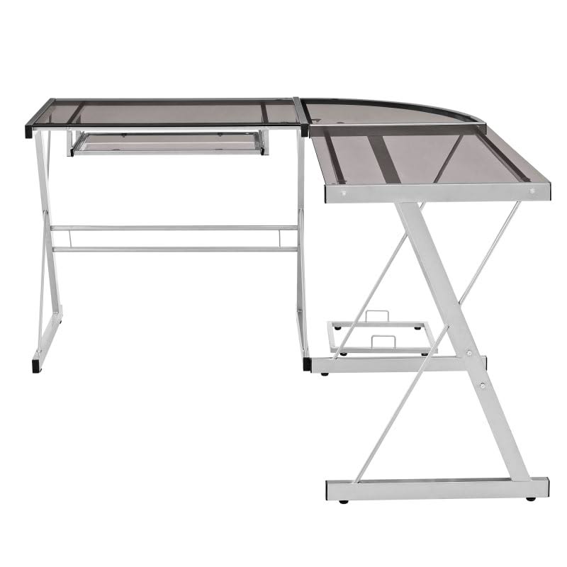 51x22 Wide Glass and Steel L Shaped Computer Desk Smoke with Silver M80235