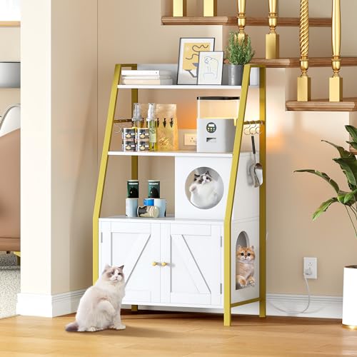 Gold White Wooden Cat Litter Box Enclosure with Shelves N4096