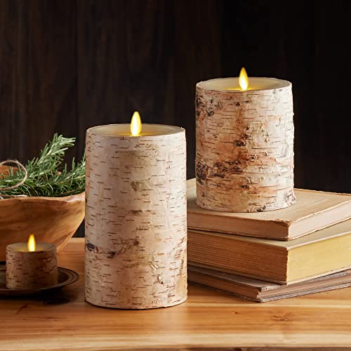 Flameless Candle Pillar with Real Birch Bark Moving Flame LED Battery Operated Lights Unscented (3.5 x 4.5-inch) L6961