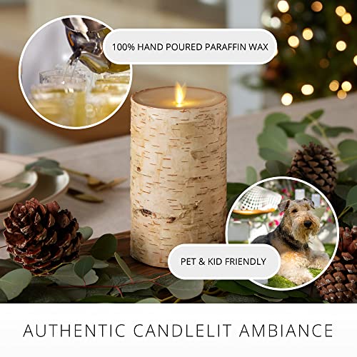 Flameless Candle Pillar with Real Birch Bark Moving Flame LED Battery Operated Lights Unscented (3.5 x 4.5-inch) L6961