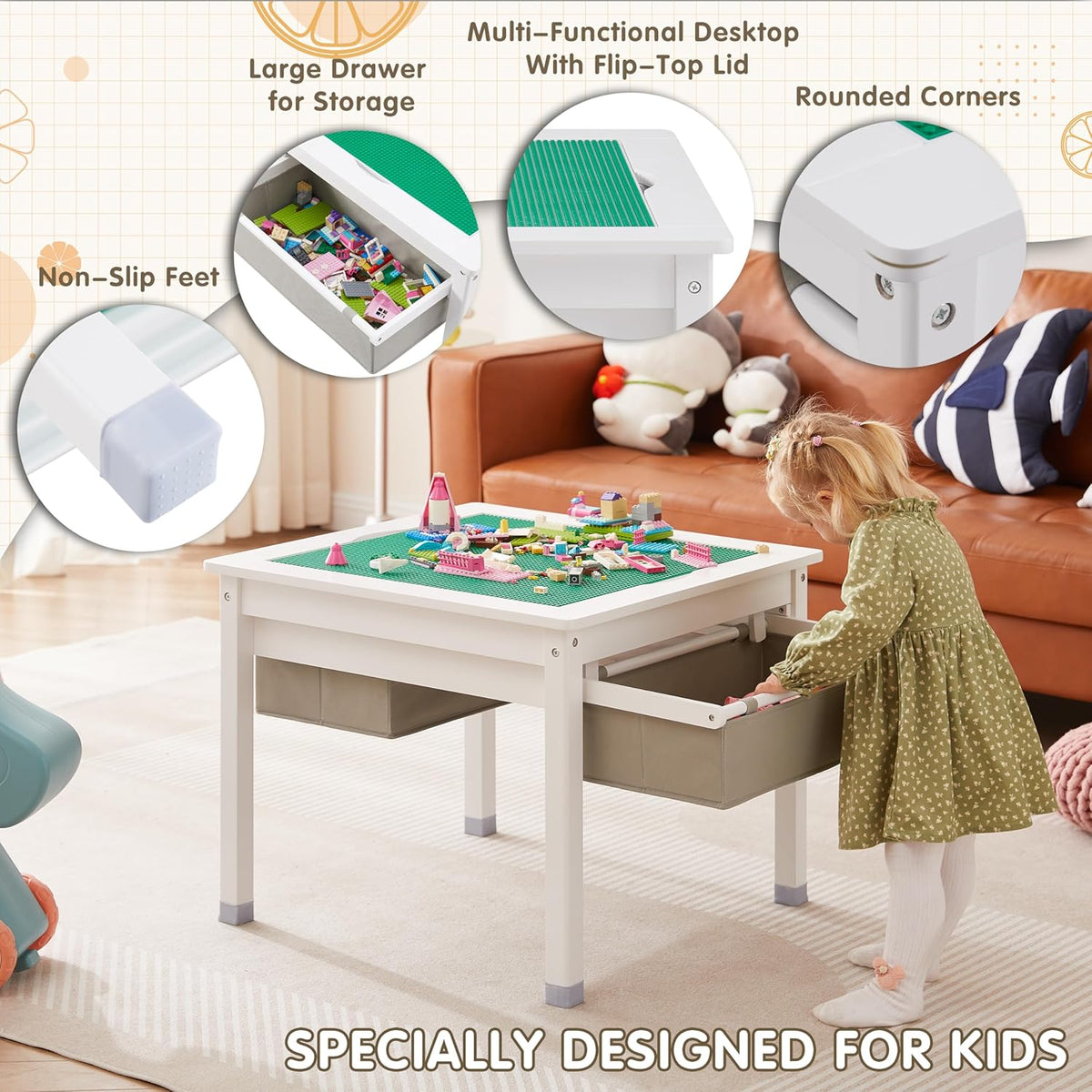 White Wooden Kids Table with Storage Drawers N142