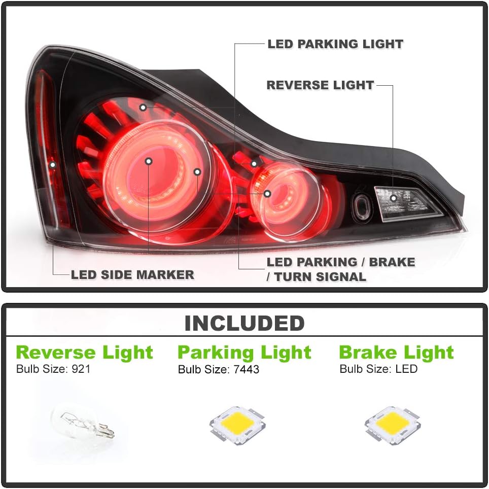 For 2008-2015 Infiniti G37 Q60 Coupe Black Housing LED Tail Lights Assembly Left+Right K67829