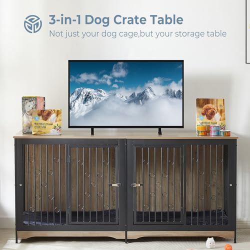71'' Wooden Double Dog Crate Kennel Cage, Brown Y144