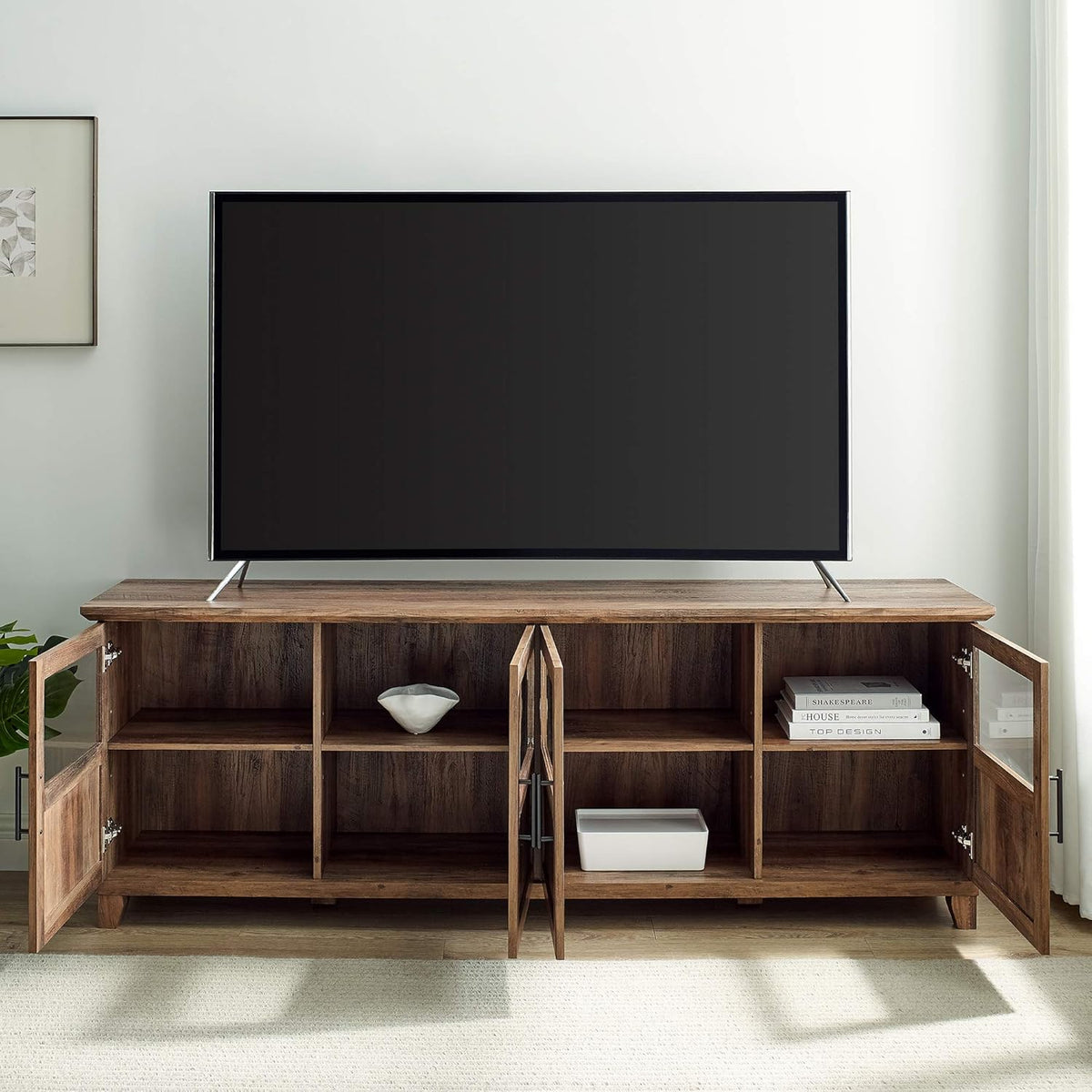 70 Inch Rustic Oak Glass and Wood TV Stand H386