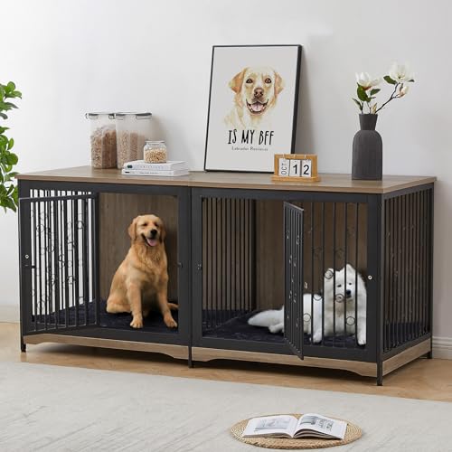 71'' Wooden Double Dog Crate Kennel Cage, Brown Y144