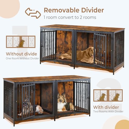 71'' Wooden Double Dog Crate Kennel Cage, Brown Y144